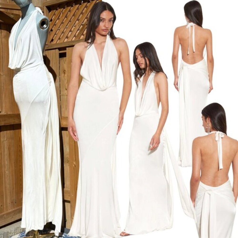 🆕 RAT & BOA 🧿 NWOT Winona White Slinky Cowl Neck Jersey Gown, Sz S